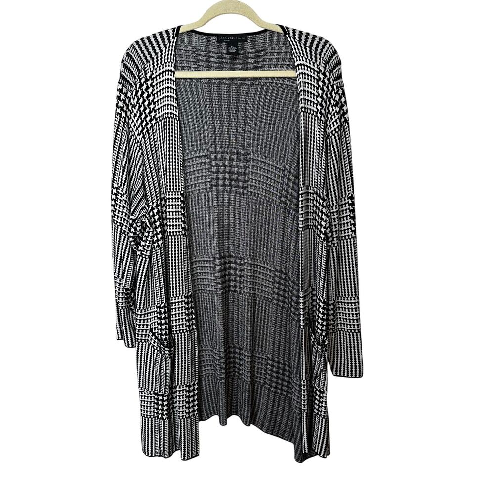 Joan Vass Duster Open Front Cardigan Sweater Womens 2X Black White Houndstooth